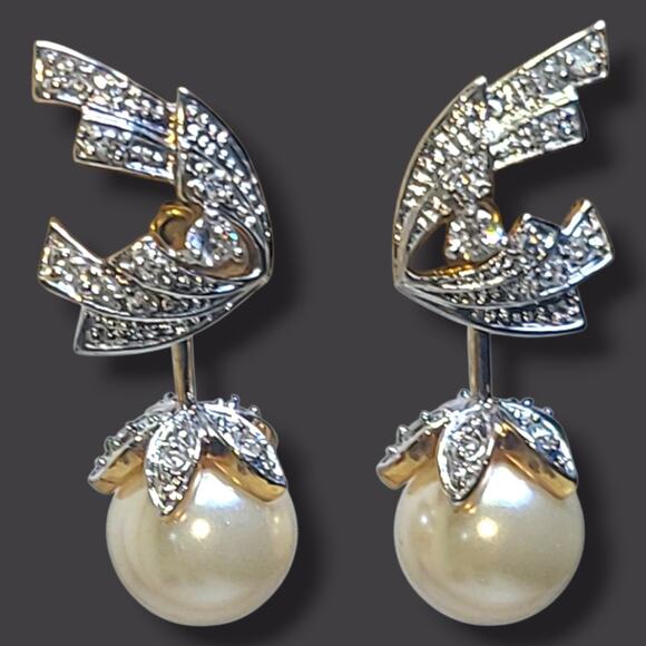 Vintage Camrose & Kross Jackie Kennedy Faux Pearl Drop Crystal Earrings JBK - Picture 4 of 8